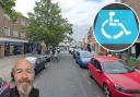 Location - a street view image of Bank Street, concerned resident Christopher Willcock,  and an inset image of  a disabled parking graphic