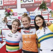 Women’s Elite Final winners Beth Shriever, Laura Smulders and Saya Sakakibara during day two of the UCI BMX Racing World Cup (pic: PA/WIRE)