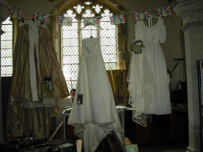 Wedding dresses donated by Faith Hodges, Christa Bayley and Michelle Cansell for the Elizabethan Exhibition - 1952-2012, held in Stambourne Church. 
