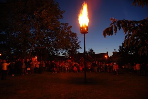 The lighting of the Golden Crown Beacon, which with a display of fireworks, ended the jubilee village party in Great Yeldham 