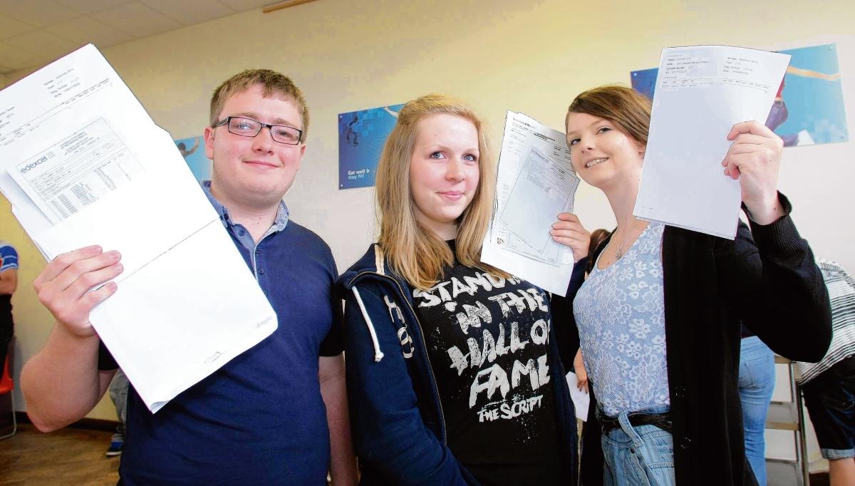 George Neale, 16, Holly Morrison-Kemp, 16, and Jade Phillips, 16, with their exam results at Ramsey College, Halstead