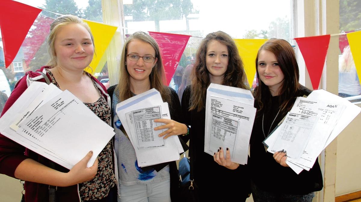 Charlotte Mayes, 16, Megan Peakall, 16, Lauren Cleary, 15, and Kerry Gooden, 16, with their results at Ramsey College