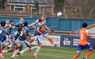 Heads up: Ben Tompkins nods home for Braintree Town in their 3-0 win over Dover Athletic.