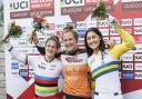 Women’s Elite Final winners Beth Shriever, Laura Smulders and Saya Sakakibara during day two of the UCI BMX Racing World Cup (pic: PA/WIRE)