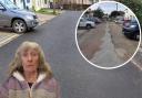 Frustrated - Brook Terrace resident Gladys Baster next to the resurfaced road and how it previously looked before