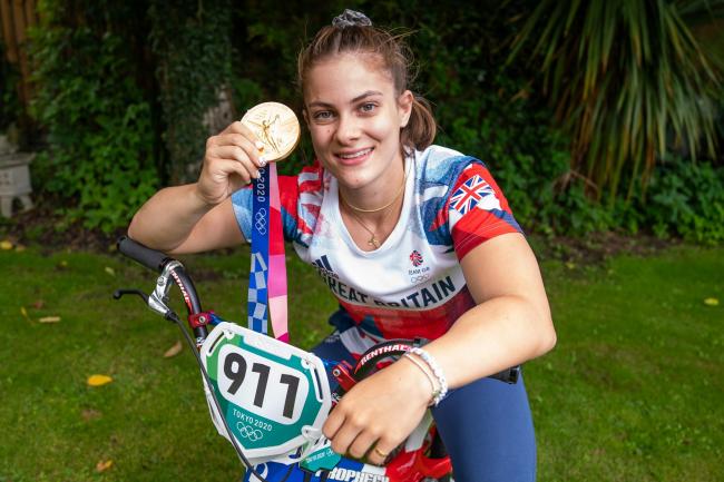Olympian : Bethany on her bike at her home in Finchingfield, after returning from the Olympics in Tokyo (Picture: PA)