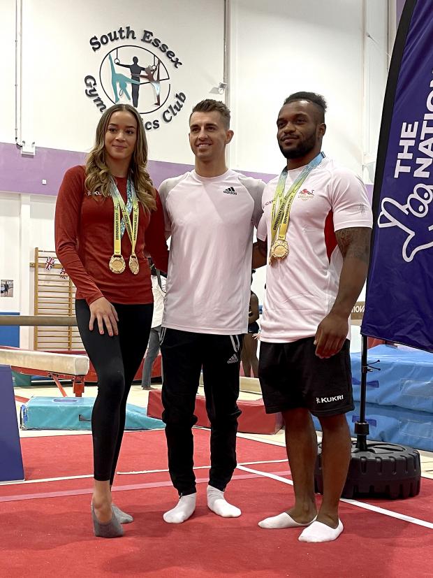 Halstead Gazette: Max Whitlock (centre), Georgia-Mae Fenton (left) and Courtney Tulloch at the South Essex Gymnastics Club (PA)