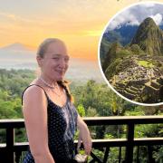 Excited - Student Hannah Birch next to an image of Machu Picchu