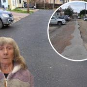 Frustrated - Brook Terrace resident Gladys Baster next to the resurfaced road and how it previously looked before