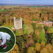 Easter Egg hunt -An aerial image of Hedingham Castle and an inset of a easter egg hunt