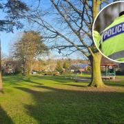Location - Halstead public Gardens and an inset image of an Essex Police officer