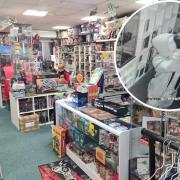Retroformers - an image of the shop and an inset image of CCTV footage of the crook