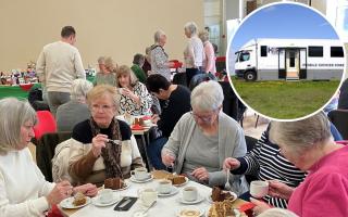 Success - An image from the Cuppa for Cancer event and an inset image of a mobile cancer care unit