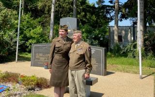 Casey Bukowski and chaperone Amy Beechler, also from Buffalo, at the 381st Bomb Group memorial after the wreath-laying ceremony